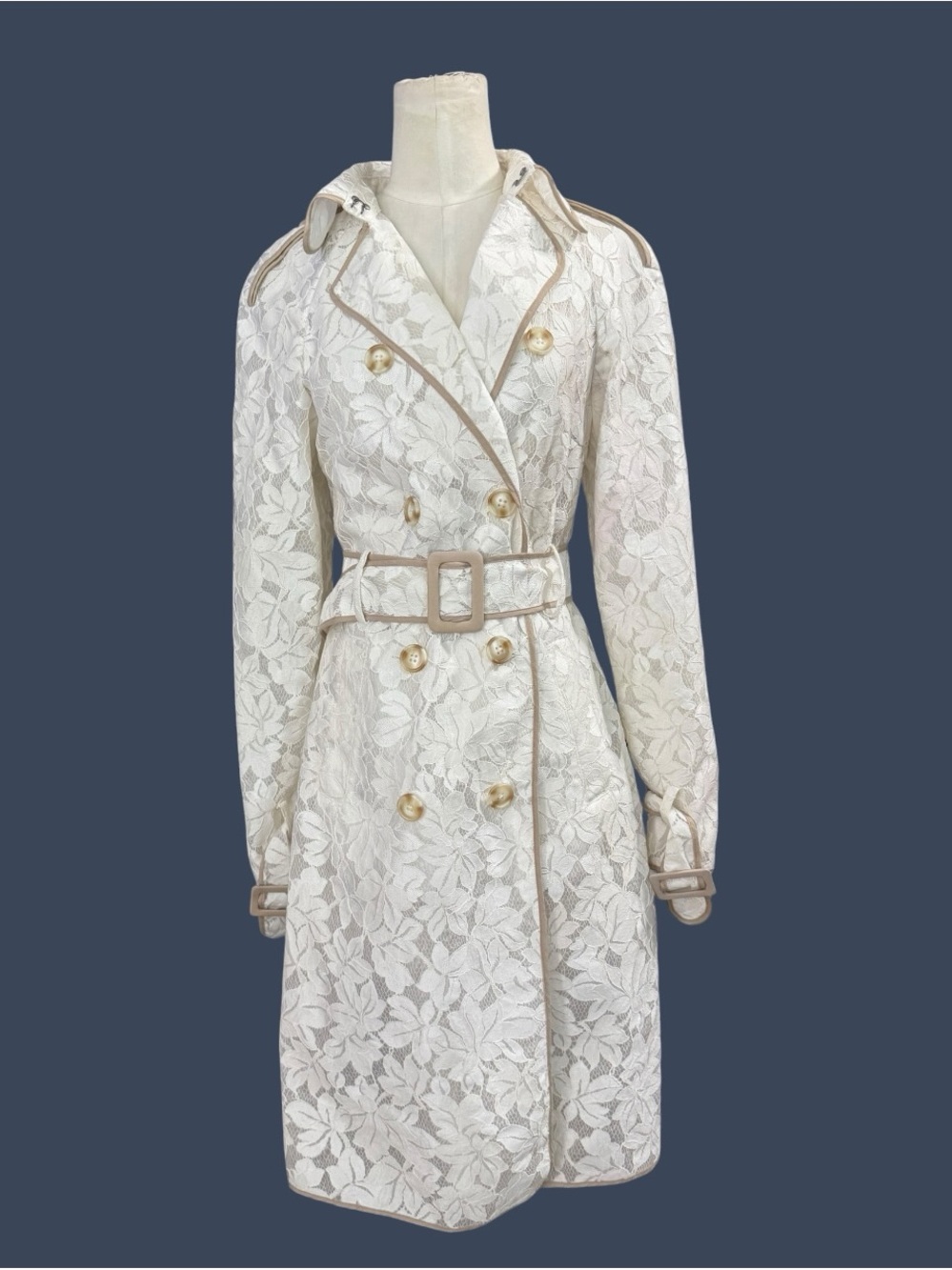 GUESS Women’s XS Ivory Floral Lace Trench Coat Belted Double Breasted Statement